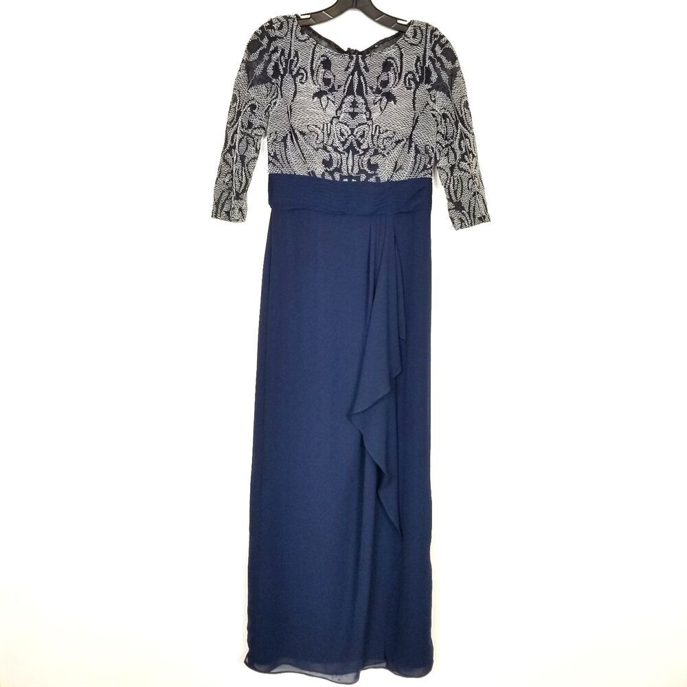 JS Collections Womens Embellished Top Maxi Evening Dress Gown Sz 4 Beige Navy